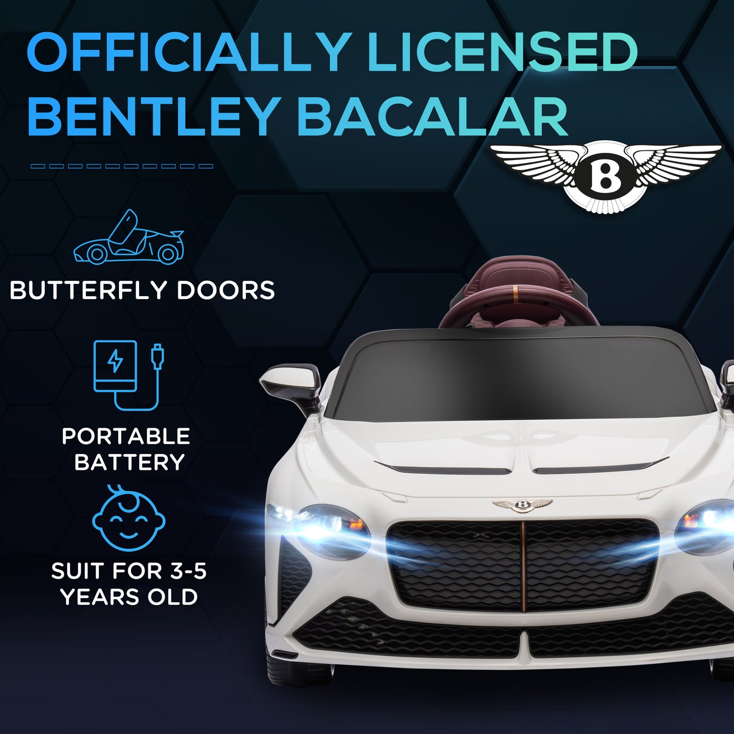 Bentley Bacalar Licensed 12V Kids Electric Ride on Car with Remote Control, Powered Electric Car w/ Portable Battery Aged 3-5 | HOMCOM
