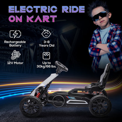 HOMCOM 12V Electric Go Kart for Kids, Ride-On Racing Go Kart with Forward Reversing, Rechargeable Battery, 2 Speeds, for Boys Girls Aged 3-8 Years Old in White